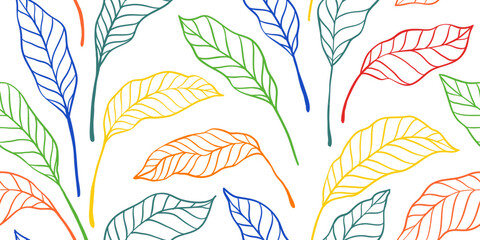 Leaves branch and Hand Drawn doodle Scribble floral plants banner. seamless pattern. Creative minimalist Abstract art background. Design wall decoration, postcard, poster or brochure © Hulinska Yevheniia