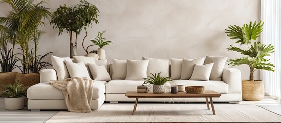 Cozy couch with cushions in elegant living space with table in contemporary bright flat adorned with greenery
