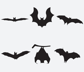 isolated black silhouette of a bat, vector collection