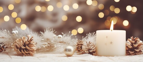 Christmas and winter decorations including white candles fir branches cones and wreaths Symbolizes New Year and holiday season