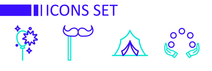 Set line Juggling ball, Circus tent, Paper mustache on stick and Balloons with ribbon icon. Vector
