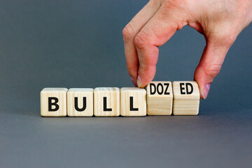 Bull or bulldozed symbol. Businessman turns wooden cubes and changes word Bull to Bulldozed. Beautiful grey table grey background. Business bull or bulldozed concept. Copy space.
