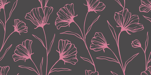 Leaves branch and Hand Drawn doodle Scribble floral plants banner. seamless pattern. Creative minimalist Abstract art background. Design wall decoration, postcard, poster or brochure © Hulinska Yevheniia