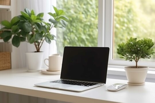 Laptop computer and coffee cup on wooden table in office, stock photo
