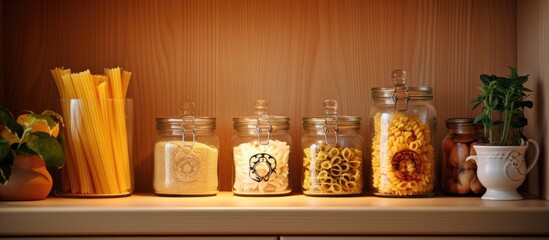 Cupboard containing pasta and spices