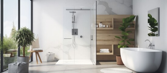 Contemporary bathroom with sleek shower enclosure - obrazy, fototapety, plakaty
