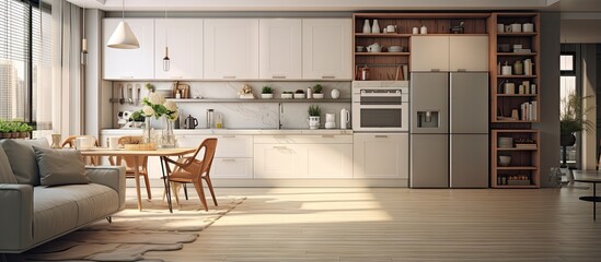 depiction of an indoor kitchen and living space