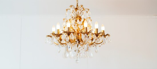 Apartment chandelier with gold tones against a white backdrop