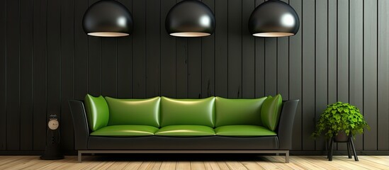 A rendered image displaying a black sofa and wooden table on a timber floor with a white wooden wall as the backdrop Contemporary pendant lamps hang above a book green apple and tomato on the t