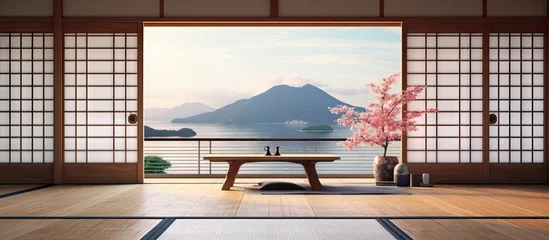  A Japanese style illustration of a modern living room with traditional elements © HN Works
