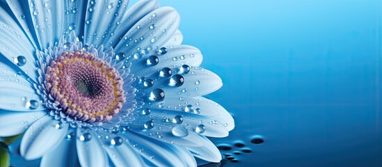 Obraz premium Close up photograph of dew covered Gerbera flower on blue backdrop