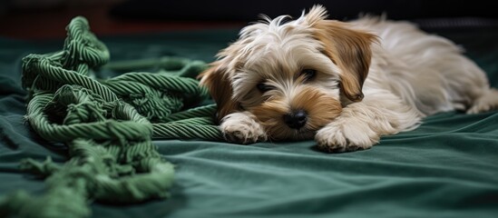 Naklejka na ściany i meble Dog resting on a blanket with a rope toy