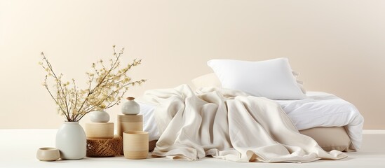 Clean bed linen stacks isolated on white background for banner design