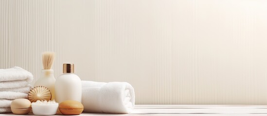 Bathroom decor featuring soft lighting and natural colors with towels soap brushes and cosmetic bottles on a white wooden background Ideal for advertising design and cover purposes