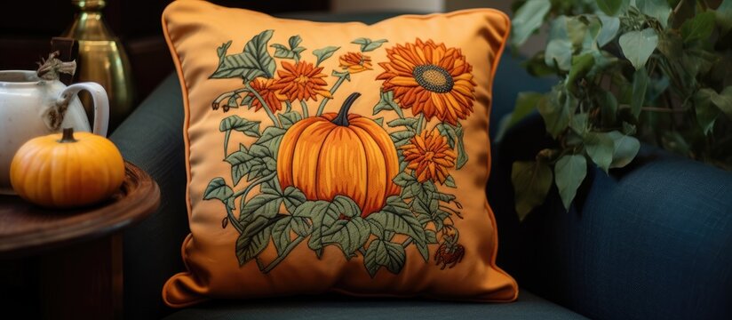 An embroidered pillow adorned with a pumpkin bird flowers and leaves