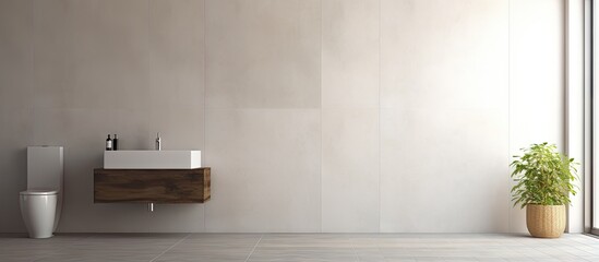 A contemporary bathroom with a minimalistic design includes a tiled wall supporting a pristine toilet