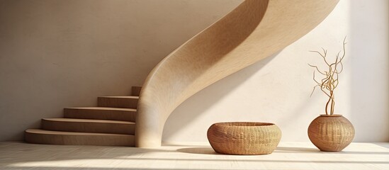 Designing a creatively curved interior with a straw basket on wooden floor in daylight