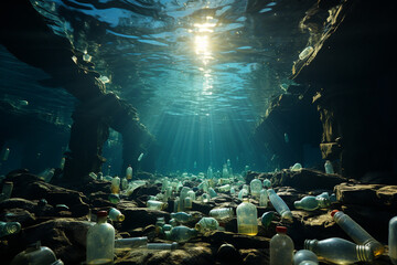 plastic waste and bottles garbage undersea or ocean bottom as wide banner for environmental and recycle concepts made with AI