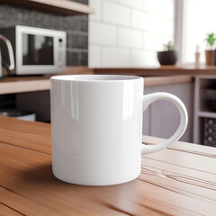 White ceramic coffee mug on the kitchen table. Mug mockup. Natural lighting inside a modern kitchen as the blurred background