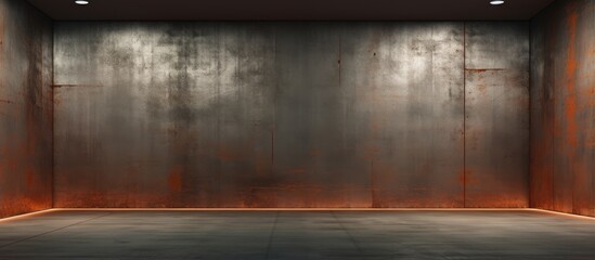 Abstract architectural background featuring an empty smooth room with rusted metal sheets and concrete