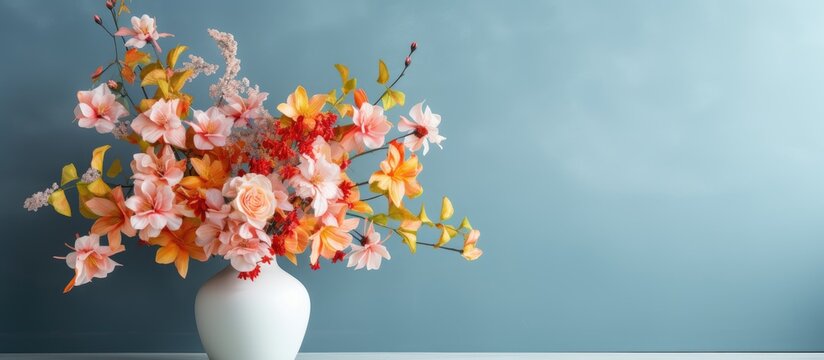Artificial flowers in a lovely ceramic vase adorn vibrant modern interior walls