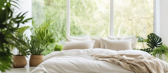 Cozy bed with stylish cushions near windows in bright contemporary bedroom with green plant at home