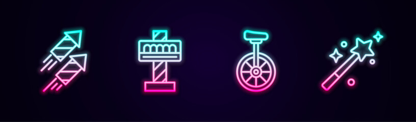 Set line Firework rocket, Attraction carousel, Unicycle and Magic wand. Glowing neon icon. Vector