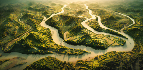 Fototapeta premium Aerial View of Serene River and Lush Green Landscape