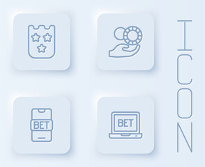 Set line Lottery ticket, Hand holding casino chips, Online sports betting and . White square button. Vector