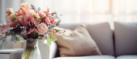 Beautiful flower arrangement adorning living room table interior decoration