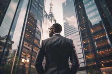 Back view of an African-American businessman in a formal suit against the backdrop of skyscrapers in the business district of the city. Success and prosperity. Hard work in finance. - obrazy, fototapety, plakaty