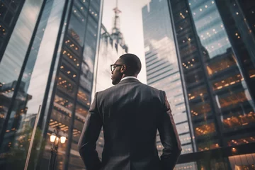 Back view of an African-American businessman in a formal suit against the backdrop of skyscrapers in the business district of the city. Success and prosperity. Hard work in finance. © Stavros