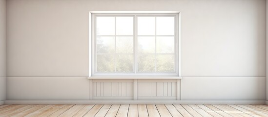 Aluminum window with half raised shutter in an empty room with wooden floorboards and plain white walls - Powered by Adobe