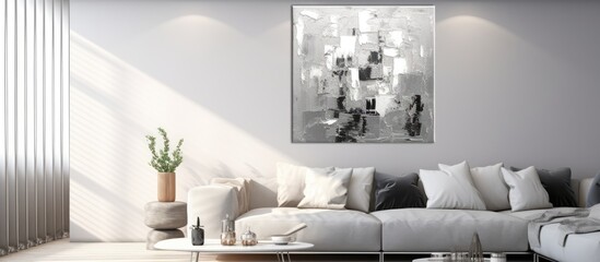 Contemporary silver art displayed on a gray wall