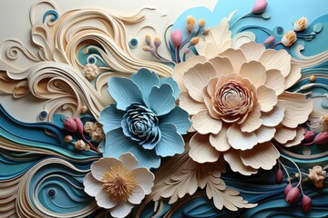 Blue and beige flowers in paper cut style. Floral quilling. Spring postcard - obrazy, fototapety, plakaty
