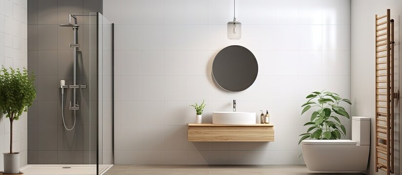 a sleek bathroom with white tiles shower stall and double sink with a mirror