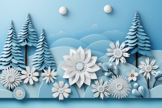 Forest, mountains and flowers in blue and white tones in paper cut style. Christmas quilling