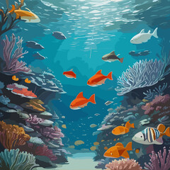 Underwater Marine Life with Fish, Dolphins, and Other Sea Creatures in a Vibrant Vector Illustration Seamless Pattern