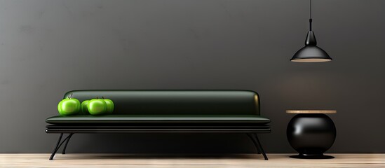 A rendered image displaying a black sofa and wooden table on a timber floor with a white wooden wall as the backdrop Contemporary pendant lamps hang above a book green apple and tomato on the t