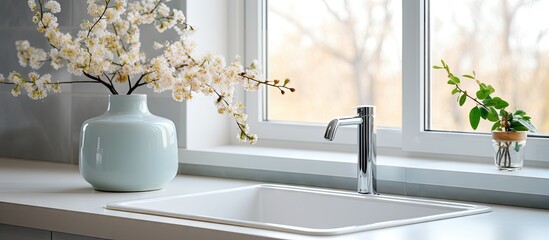 A windowed kitchen sink with a tray of plates a vase of eucalyptus and cotton branches and a flower pot on the countertop