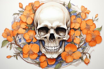 Watercolor skull with orange flowers on a white background. Mexican Day of the Dead