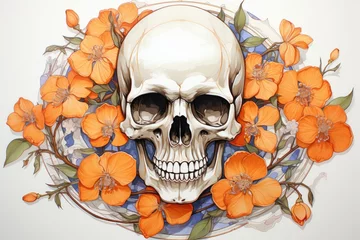 Tapeten Aquarellschädel Watercolor skull with orange flowers on a white background. Mexican Day of the Dead