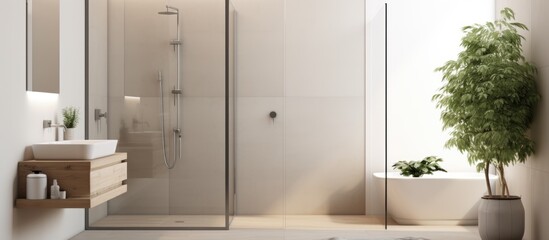 Contemporary apartment s sleek bathroom with vacant shower and bright walls - obrazy, fototapety, plakaty