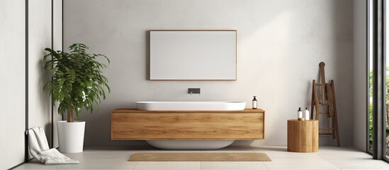 a contemporary bathroom with white and wooden walls concrete floor a cozy bathtub and a stone double sink