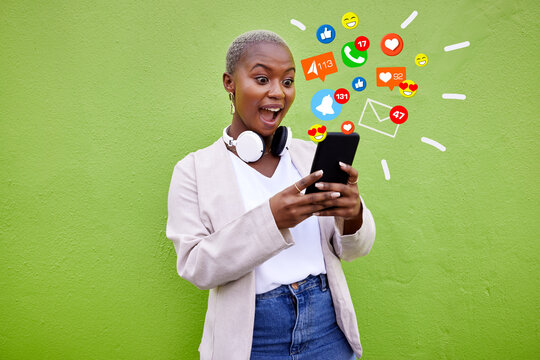 Surprise, black woman and reading phone emojis, social media icons and wow facial expression for networking notification. App opinion, cellphone communication or shocked user on green background wall