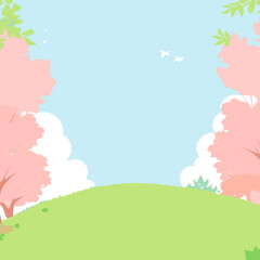Scenic Nature Illustration of Trees, Grass, and Sky in Summery Landscape
