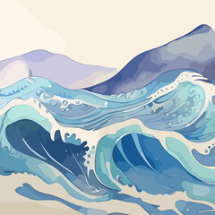 sea Landscape with Waves, Blue Skies, and Snow-Capped Peaks Reflecting in Calm Waters – Nature Vector Illustration