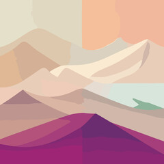 Sunset Landscape with Waves: Vector Illustration of Mountains, Desert, and Sea under an Orange Sky