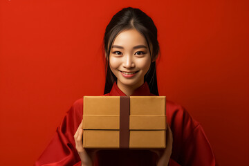 An Asian woman in a red uniform prepares a package for delivery next to a parcel post box. This image features a cheerful delivery woman against a vibrant red background. Generative AI.