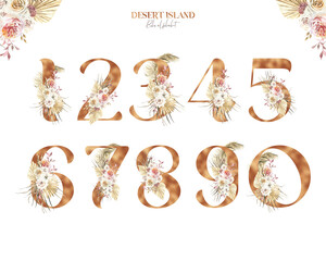 Watercolor Boho numbers set, digit 1,2,3,4,5,6, 7,8, 9, Gold, Black table number illustration with dried flower, tropical, leaves, palm, roses, orchid, terracotta, bouquet composition.Bohemian wedding
